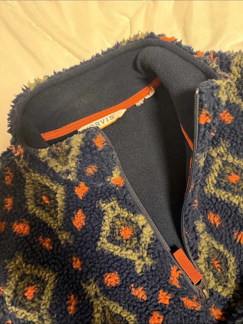 Orvis Navy Sherpa Zip Pullover with Orange and Tan Pattern
